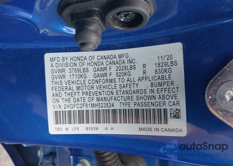 2021 Honda Civic Lx z USA, uszkodzony, nr VIN 2HGFC2F61MH523524